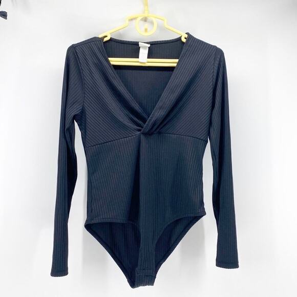 H&M black faux wrap ribbed black bodysuit date night girls night basic - Picture 1 of 5